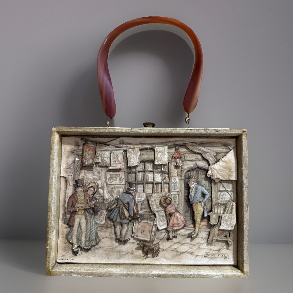 1970's Anton Pieck 3D Shadow Box Decoupage Paper Art Purse Lucite Handle 1b